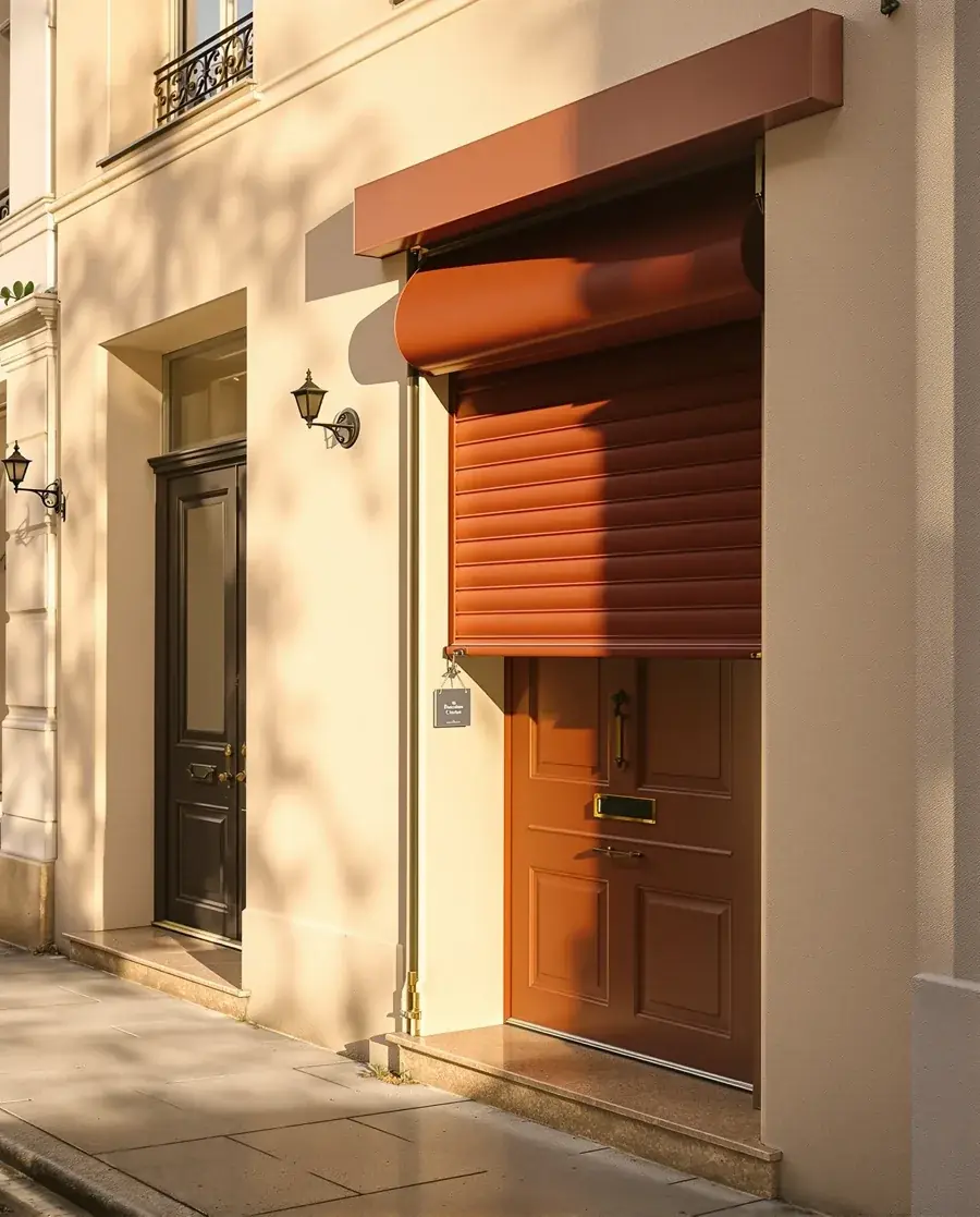 Réparation de volets à Etterbeek Façade bruxelloise avec volet roulant bordeaux à Etterbeek